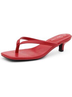 Women's Red Kitten Heels Square Open Toe Flip Flop Heels 1.75 Inch Low Heeled